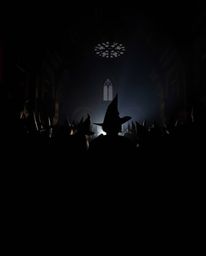 Experience the eerie and unsettling atmosphere of a magical school filled with young wizards, silhouetted against a powerful 