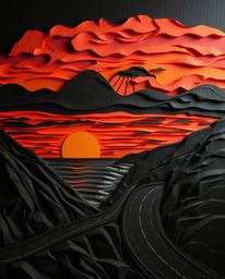 This papier-mâché artwork depicts a sunset sky over a winding coastal highway, utilizing high contrast and low key lighting t