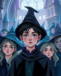 Explore a graceful and elegant magical school populated by young wizards, beautifully rendered in cool tones of blues, greens