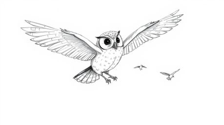 A heartwarming and unique concept: a blind owl, rendered in the signature Pixar style, soaring mid-flight and guiding a flock