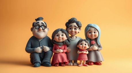 This sculptural clay artwork depicts a heartwarming Pixar-style family reunion, characterized by beautifully modeled shapes, 