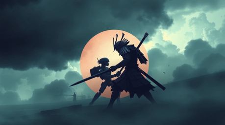 A geometric logo depicting a samurai battling a robot in a dystopian world under a stormy sky. This logo utilizes clean lines