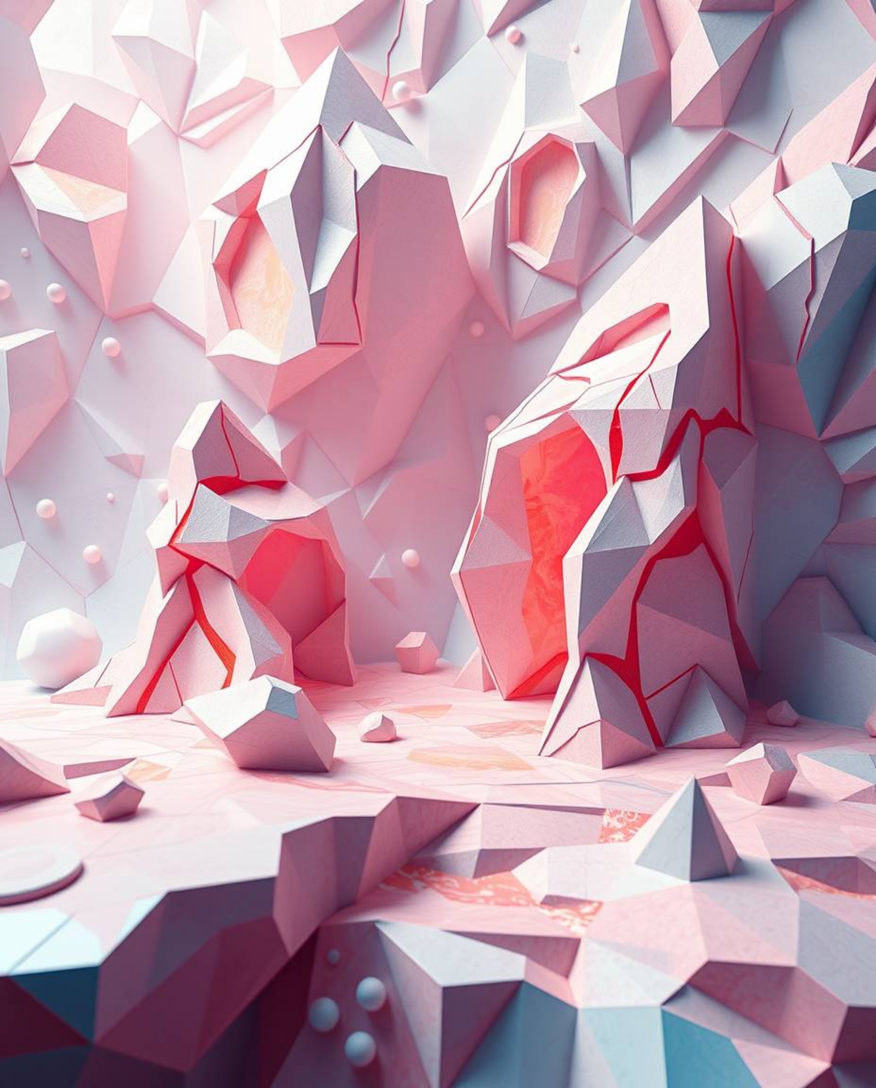 Explore a hyperrealistic sci-fi landscape filled with intricate, origami-inspired 3D shapes that resemble surreal, melted gla
