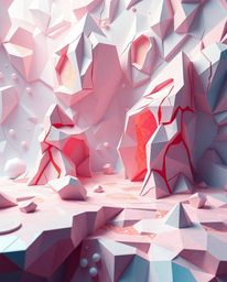 Explore a hyperrealistic sci-fi landscape filled with intricate, origami-inspired 3D shapes that resemble surreal, melted gla