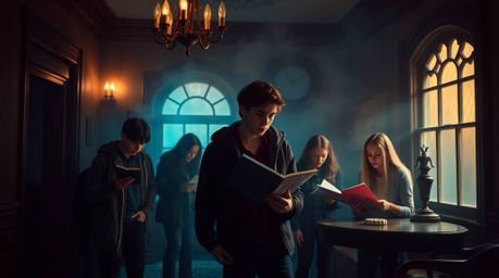 A dreamy photograph captures the essence of teenage mystery solvers within the soft-lit and hazy confines of a haunted mansio