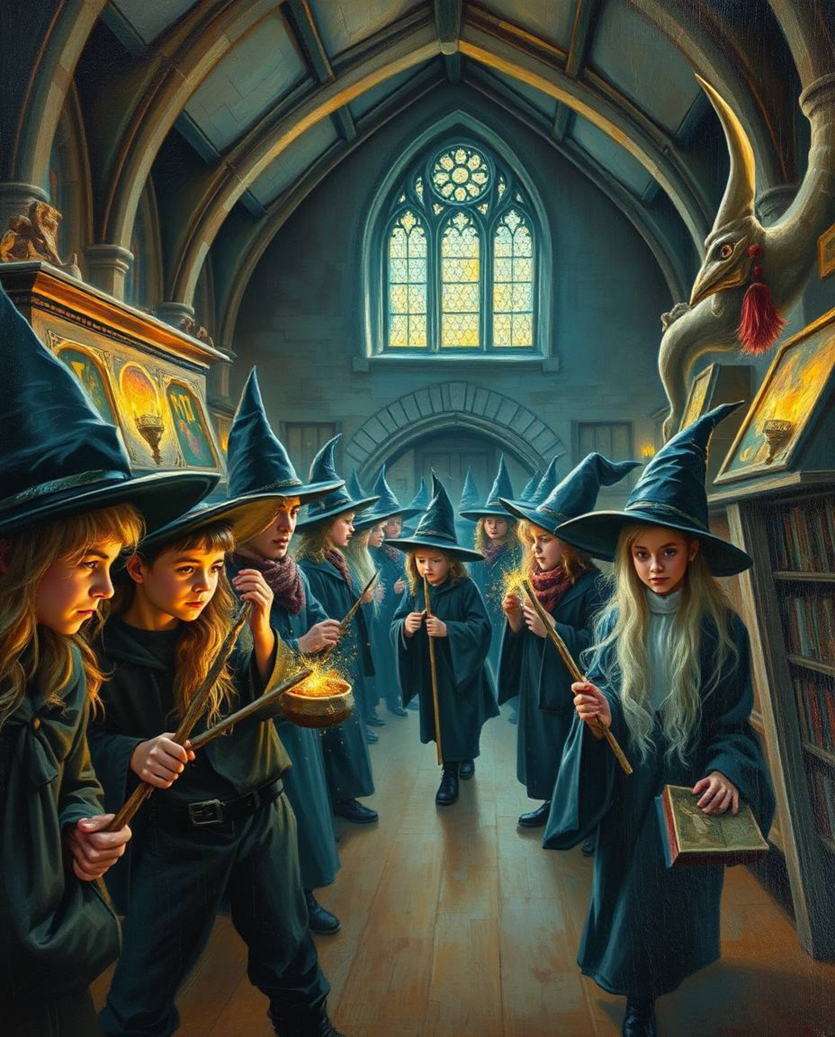 Immerse yourself in a magical school teeming with young wizards, captured in a stunning oil painting style. This artwork boas