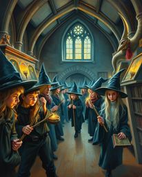 Immerse yourself in a magical school teeming with young wizards, captured in a stunning oil painting style. This artwork boas