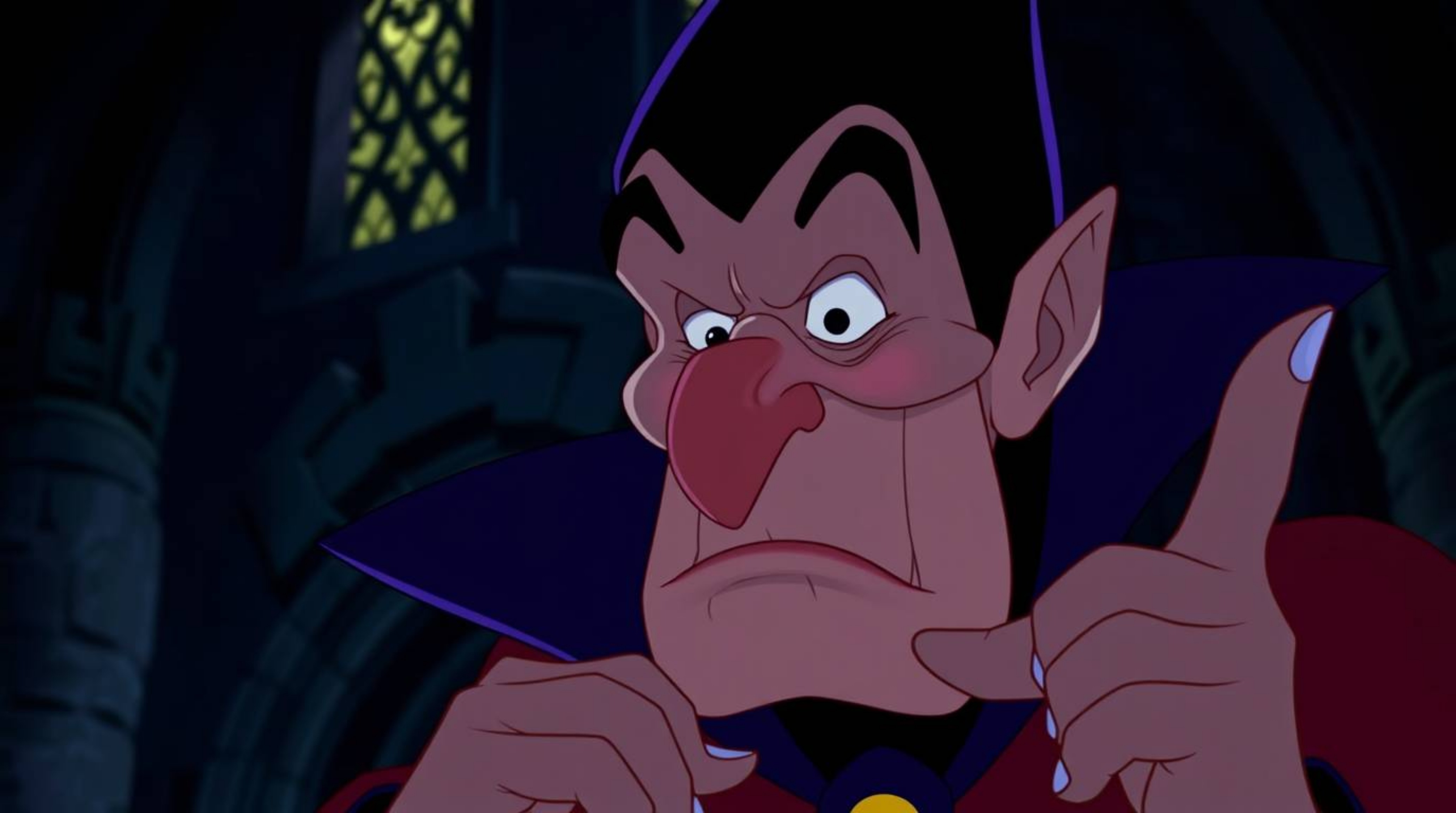 A captivating close-up of a classic Disney villain's face, showcasing their wrinkled features and hooked nose as they cast a 