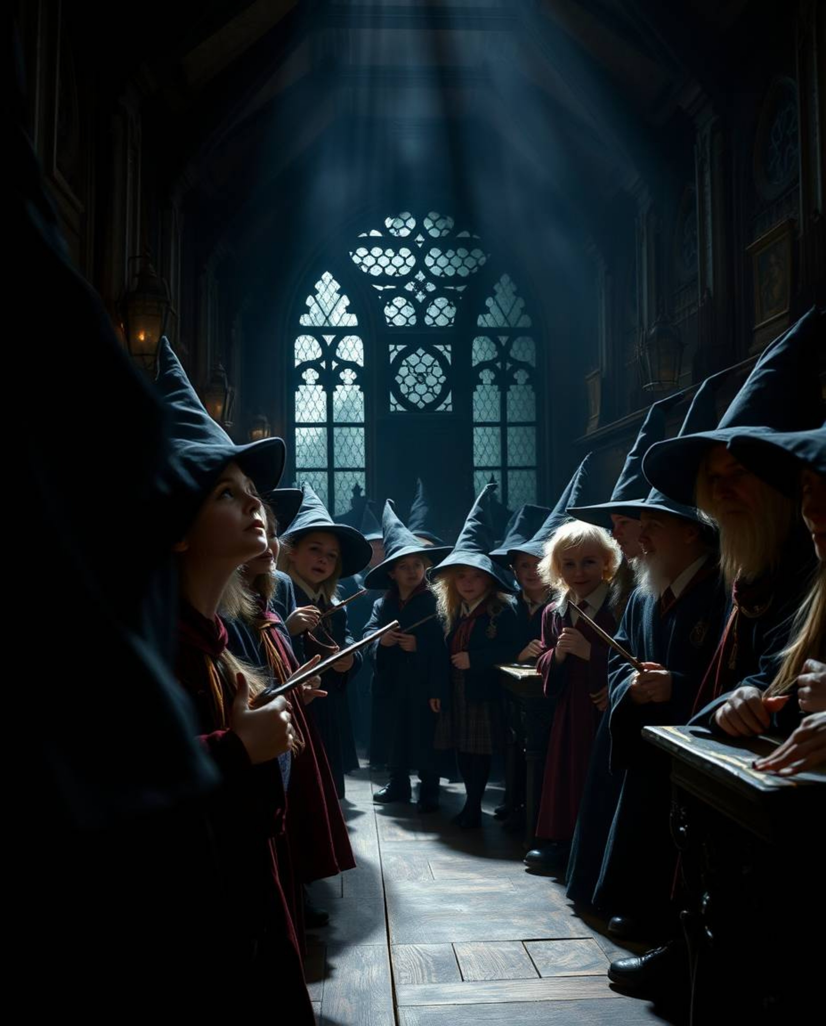 Experience the enchanting atmosphere of a magical school through a tight close-up shot, filled with young wizards illuminated