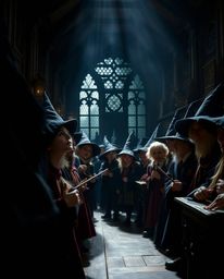 Experience the enchanting atmosphere of a magical school through a tight close-up shot, filled with young wizards illuminated