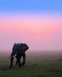 Thick fog envelops a scene of graceful and elegant elephants walking across the field at sunset, highlighted by vibrant compl