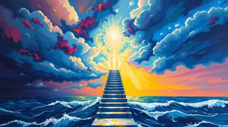 This bold acrylic painting captures a dramatic staircase ascending from the ocean towards a turbulent, stormy sky, illuminate