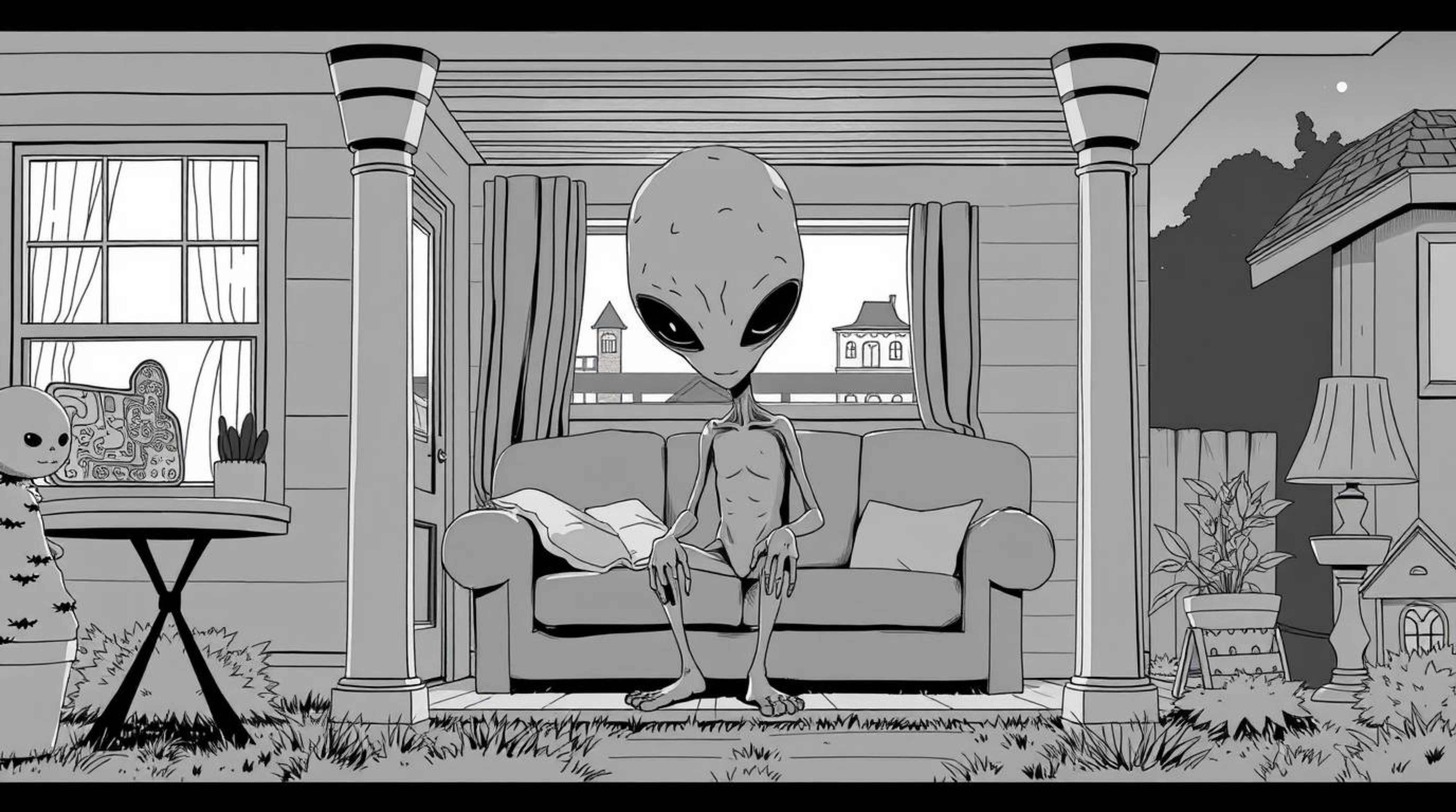 A captivating black and white Isekai anime image showcases an alien inhabiting a peaceful suburban house.  The expressive com