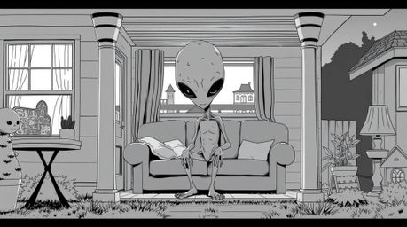 A captivating black and white Isekai anime image showcases an alien inhabiting a peaceful suburban house.  The expressive com
