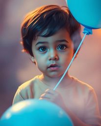 A captivating cinematic image showcases a child with bright eyes and dark hair, clutching a vibrant electric blue balloon. Th