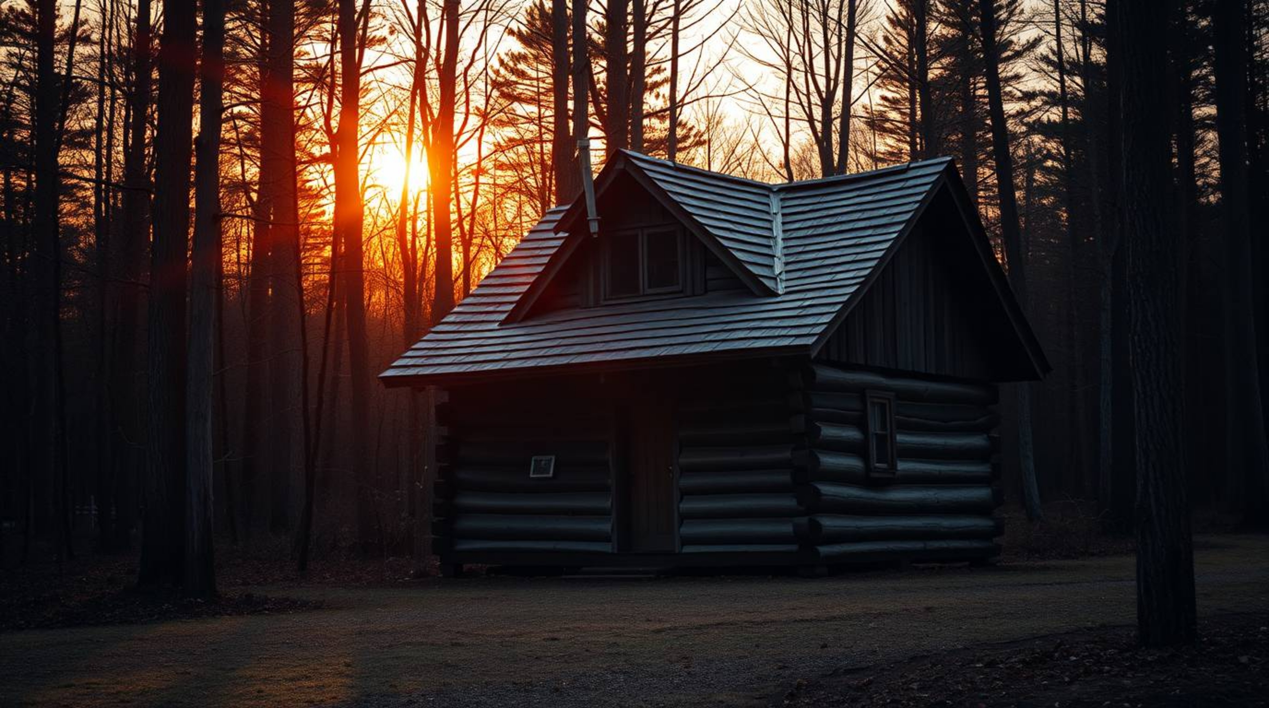 A warm and inviting photograph captures an old wooden cabin nestled in a woods at sunset, showcasing vibrant complementary co
