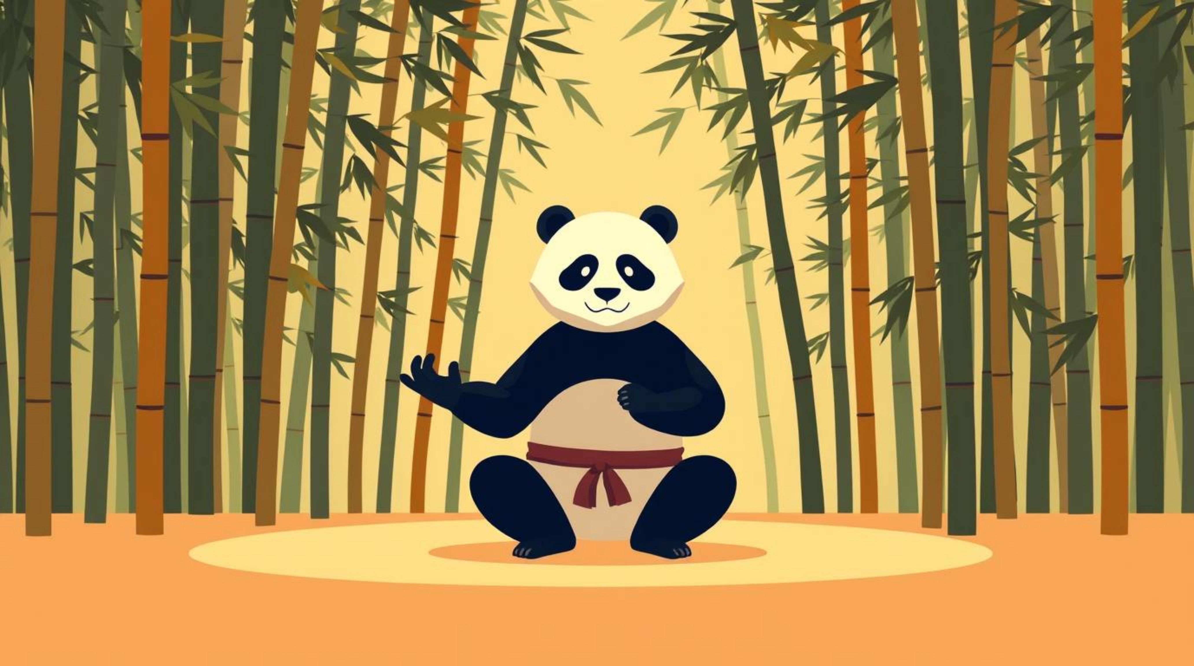A modern flat design illustration of a panda martial artist peacefully meditating within a tranquil bamboo forest. The artwor