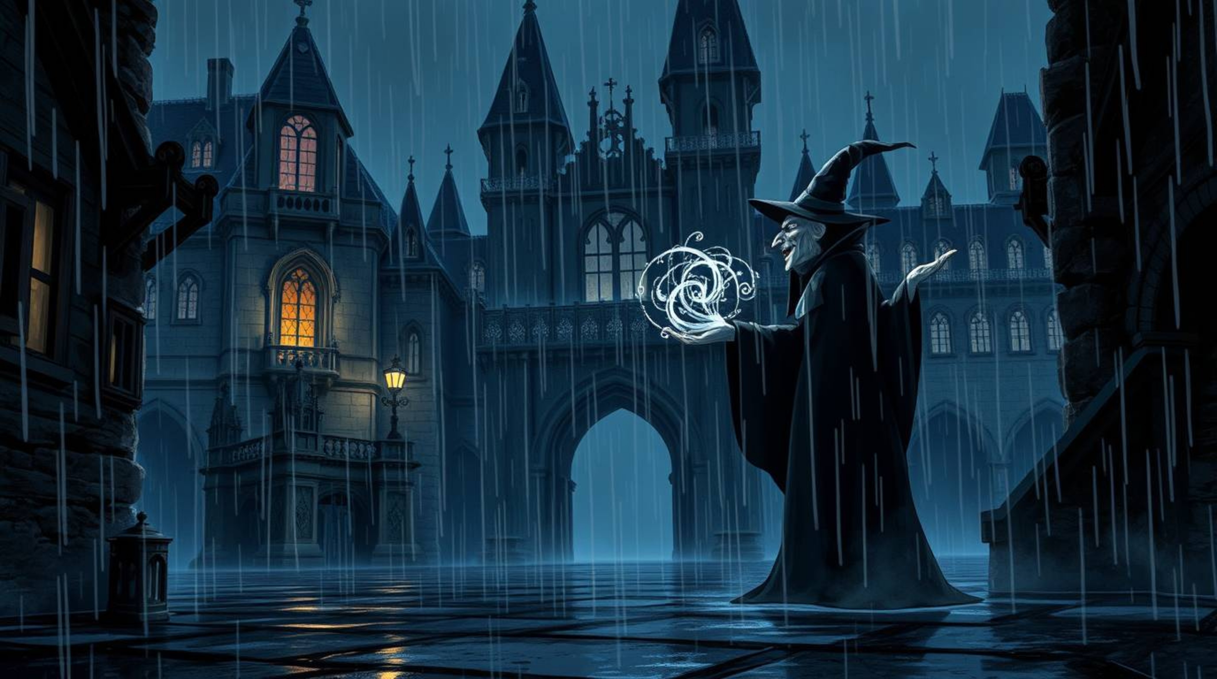 A captivating and unsettling digital illustration depicts a classic Disney villain casting a spell within a rain-drenched, an