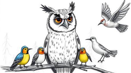 A heartwarming hand-drawn sketch in the style of Pixar, depicting a wise, elderly blind owl with wrinkled features guiding vi
