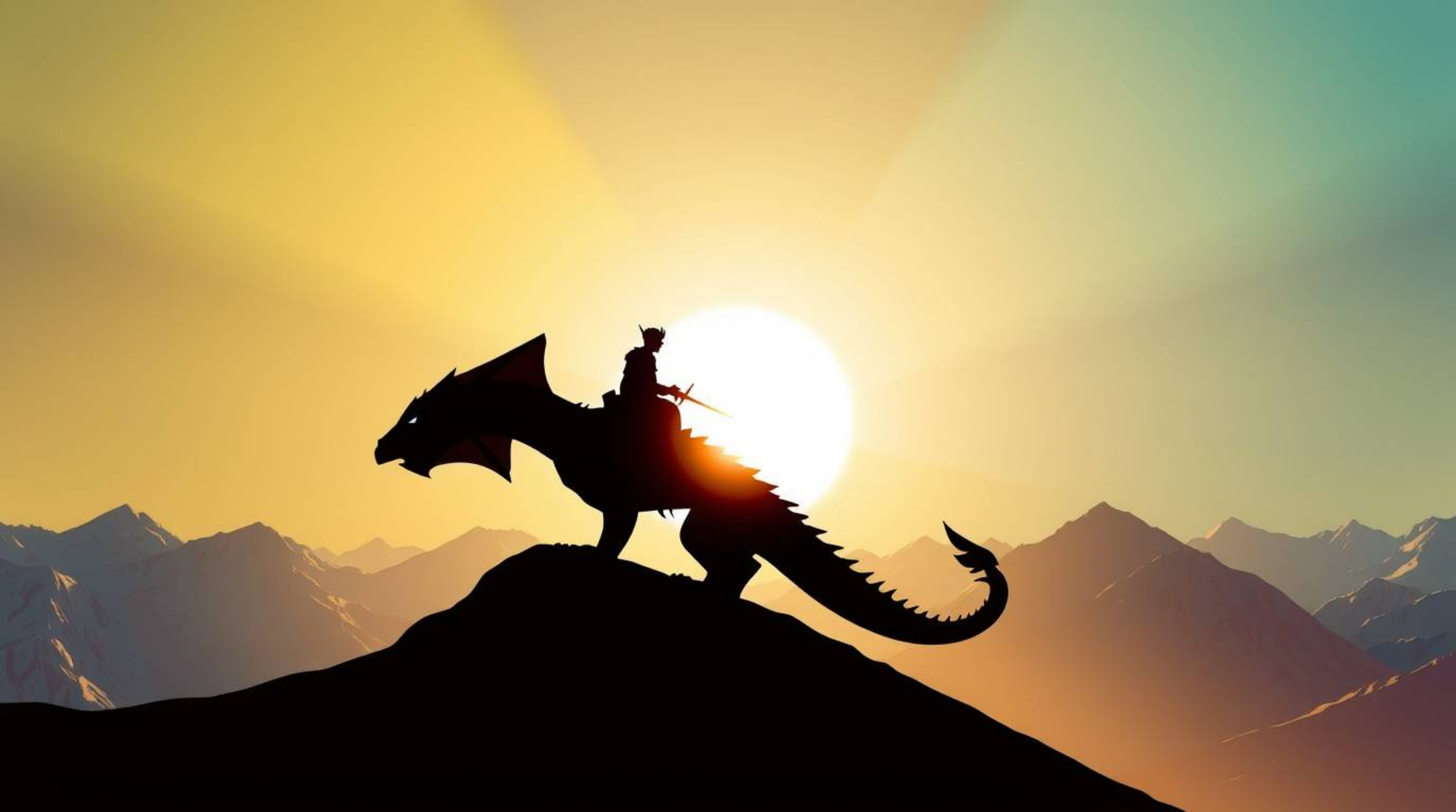 Experience the breathtaking scene of a dragon and rider silhouetted against a radiant light source high above the icy peaks. 
