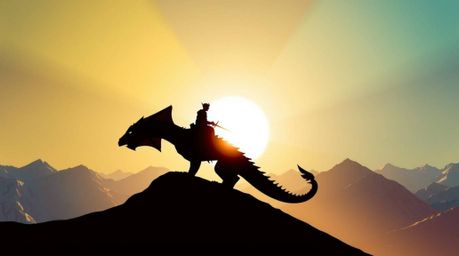Experience the breathtaking scene of a dragon and rider silhouetted against a radiant light source high above the icy peaks. 
