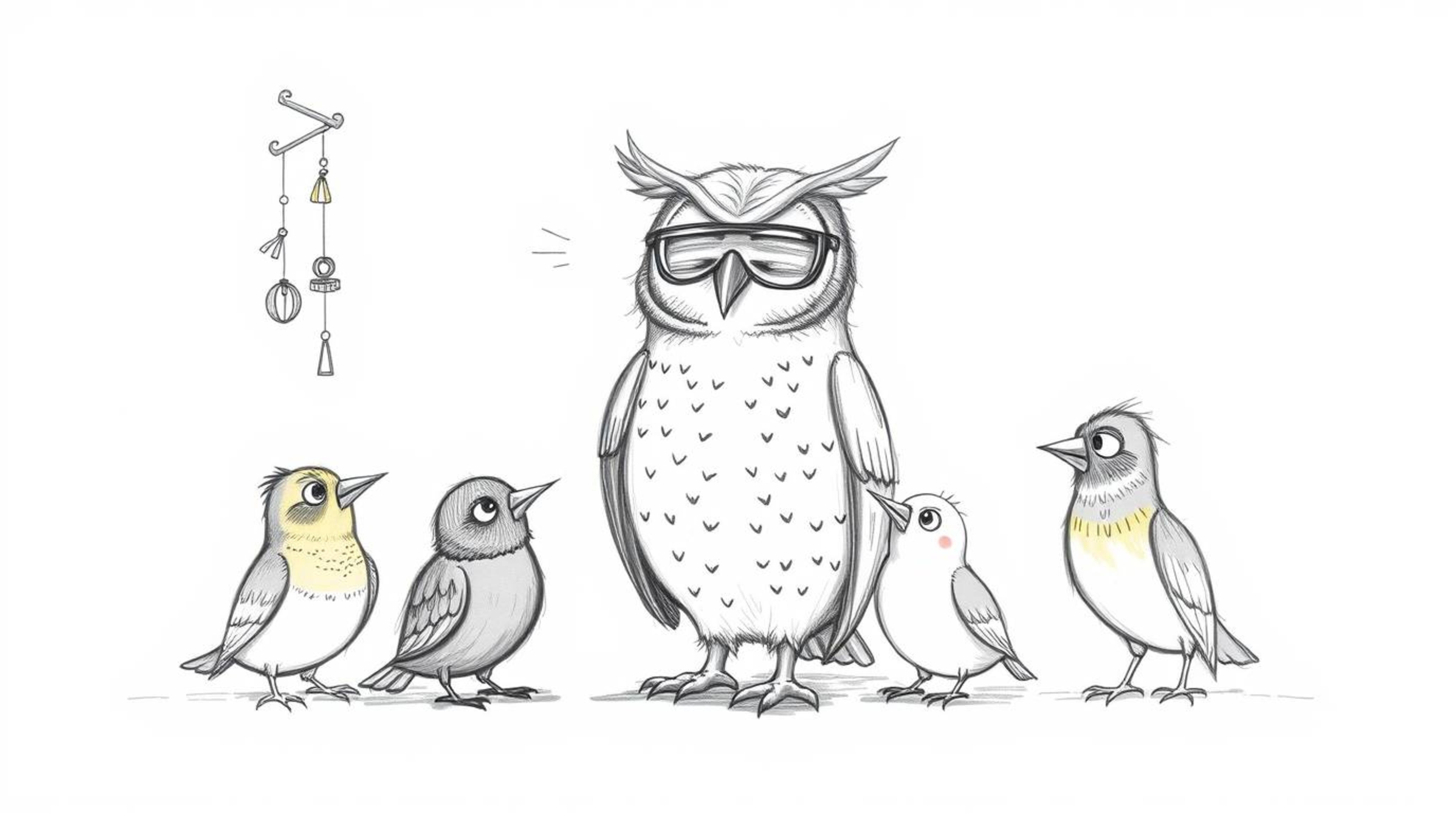 A whimsical, hand-drawn sketch in the style of Pixar depicts a blind owl patiently teaching a diverse group of birds how to f