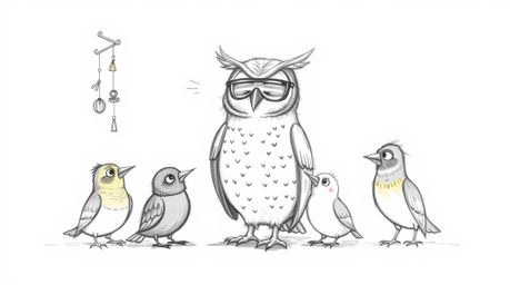 A whimsical, hand-drawn sketch in the style of Pixar depicts a blind owl patiently teaching a diverse group of birds how to f