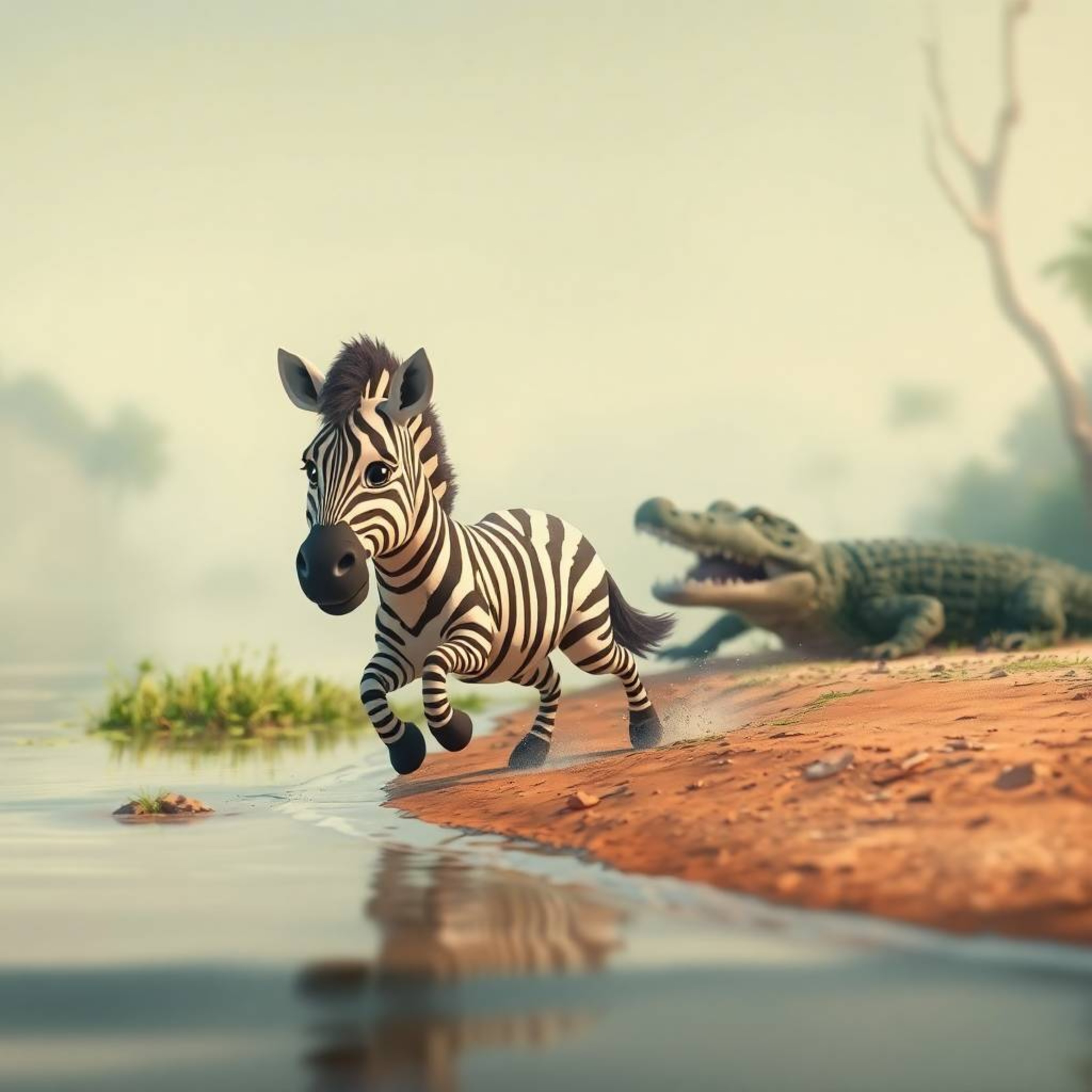 An isekai anime-style image portraying a 3D cartoon zebra in a thrilling escape from a crocodile near a riverbank. The artwor