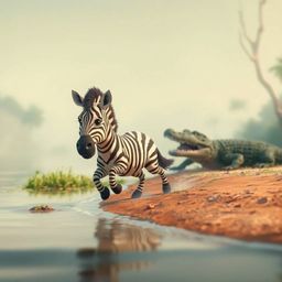 An isekai anime-style image portraying a 3D cartoon zebra in a thrilling escape from a crocodile near a riverbank. The artwor