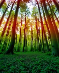A captivating low-angle shot of a natural forest scene dramatically enhanced by a digital glitch overlay.  The smooth gradien