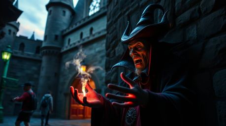 Capture the spontaneous magic of a classic Disney villain casting a spell in an old castle, bathed in bioluminescent glow. Th