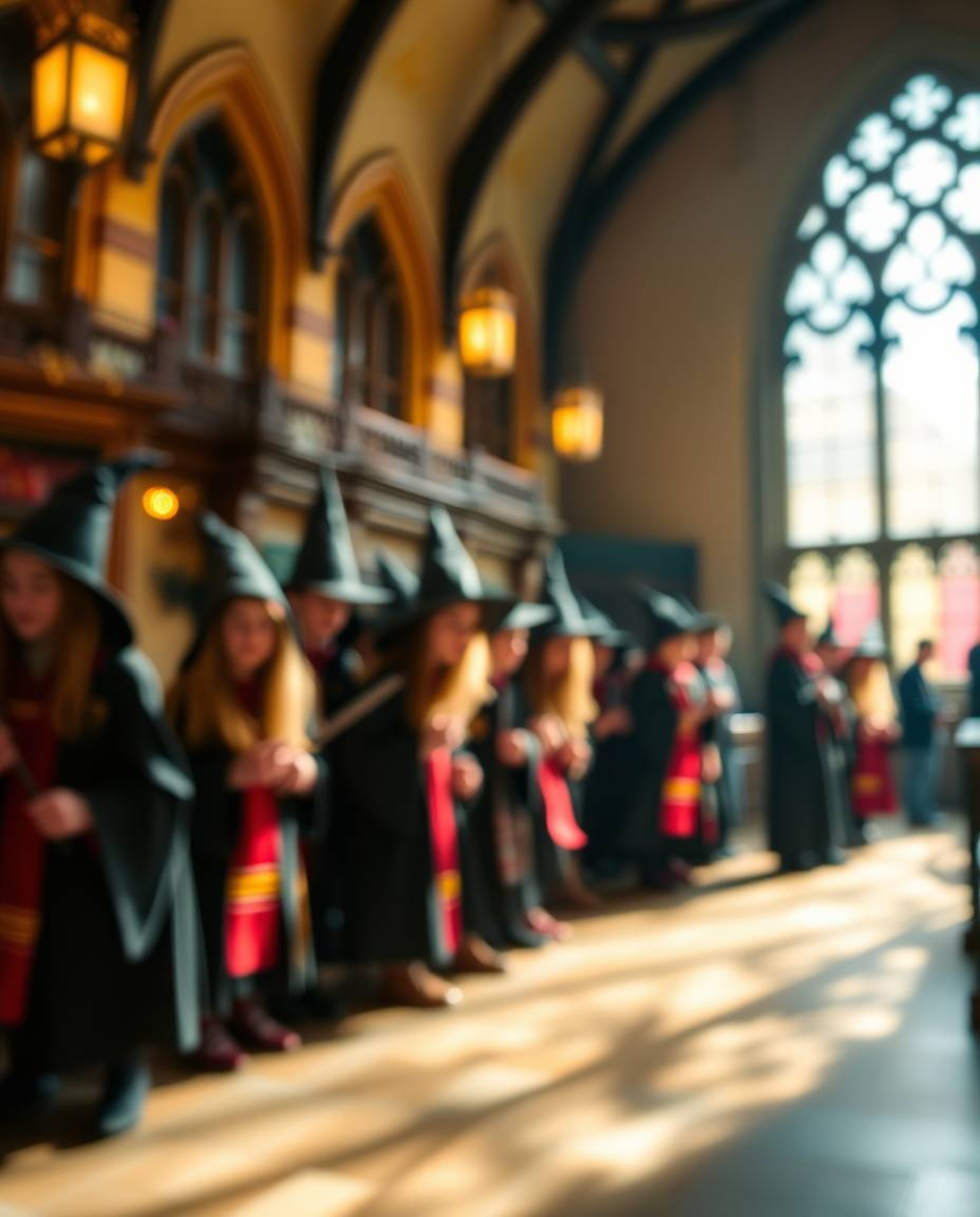 A captivating photograph showcasing a magical school brimming with young wizards. The image employs a beautiful bokeh effect,