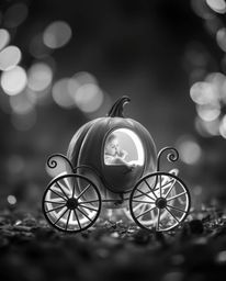 A captivating black and white photograph depicts a magical pumpkin transforming into a carriage.  The sharp focus on the pump
