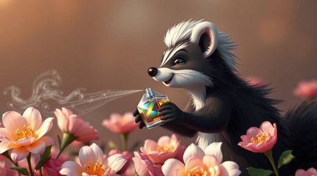 A whimsical and captivating image of a cartoon skunk creatively spraying perfume onto flowers, rendered in an unusual fine ar