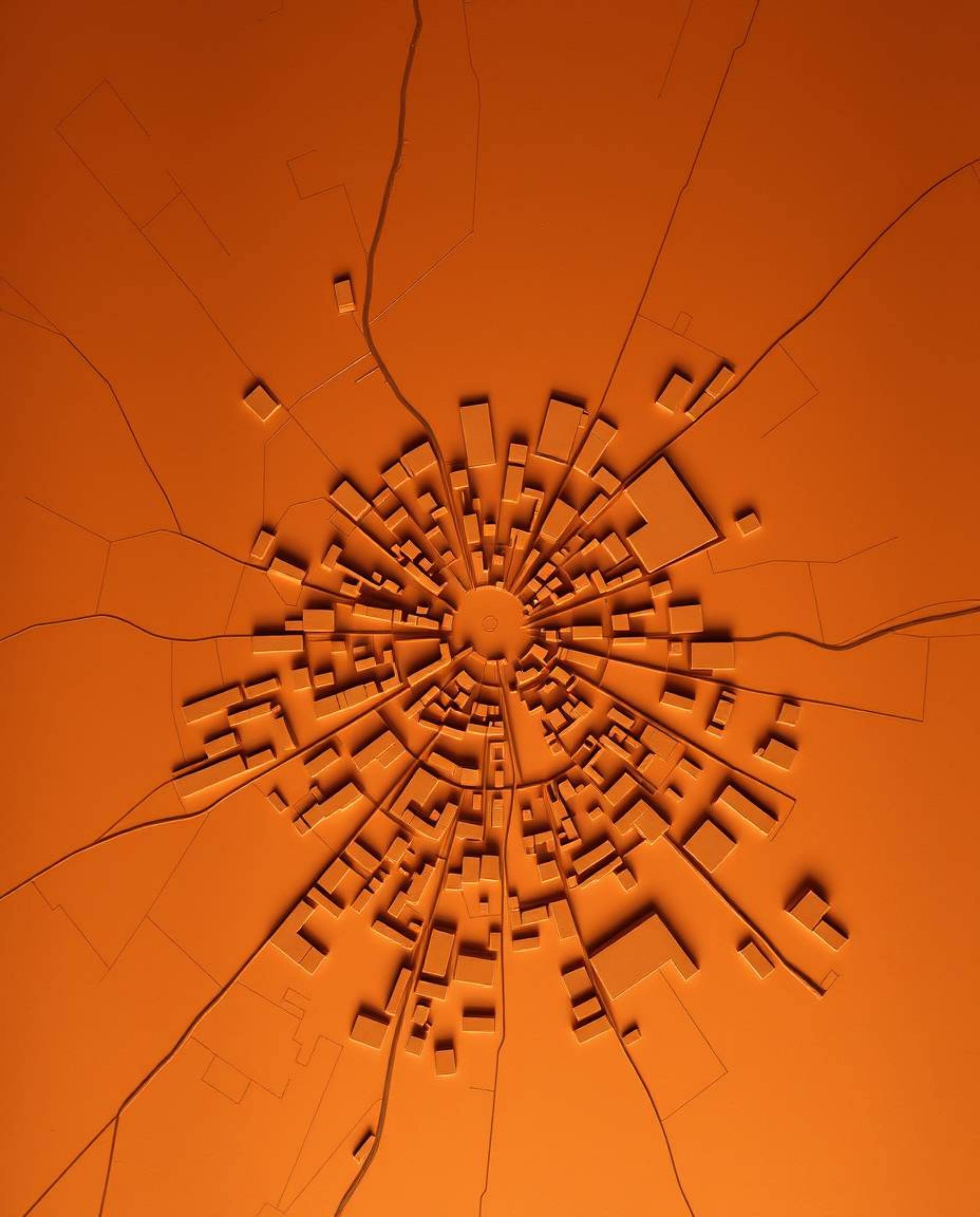 A professional fine art photograph showcasing a warm, slightly dark, and soft-toned abstract city map. The composition featur