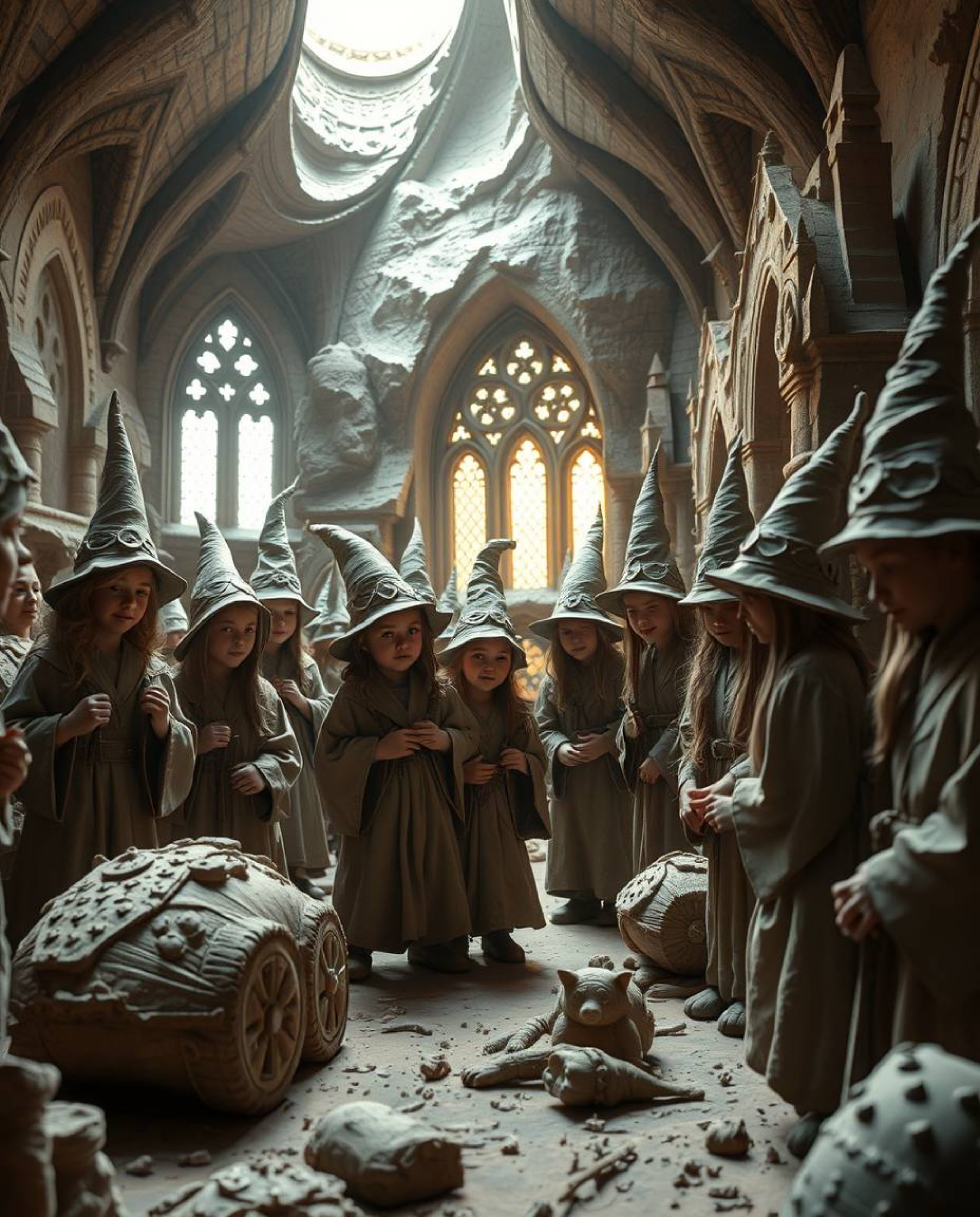 Explore a magical school brimming with young wizards and stunning sculptural clay art.  Strong, hard lighting accentuates the