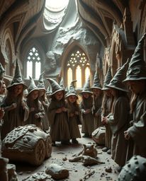 Explore a magical school brimming with young wizards and stunning sculptural clay art.  Strong, hard lighting accentuates the