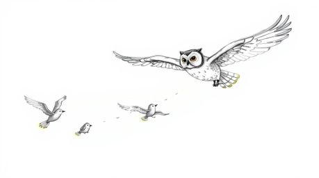 A captivating hand-drawn sketch in the style of Pixar depicts a blind owl in mid-flight, magically guiding several birds to l