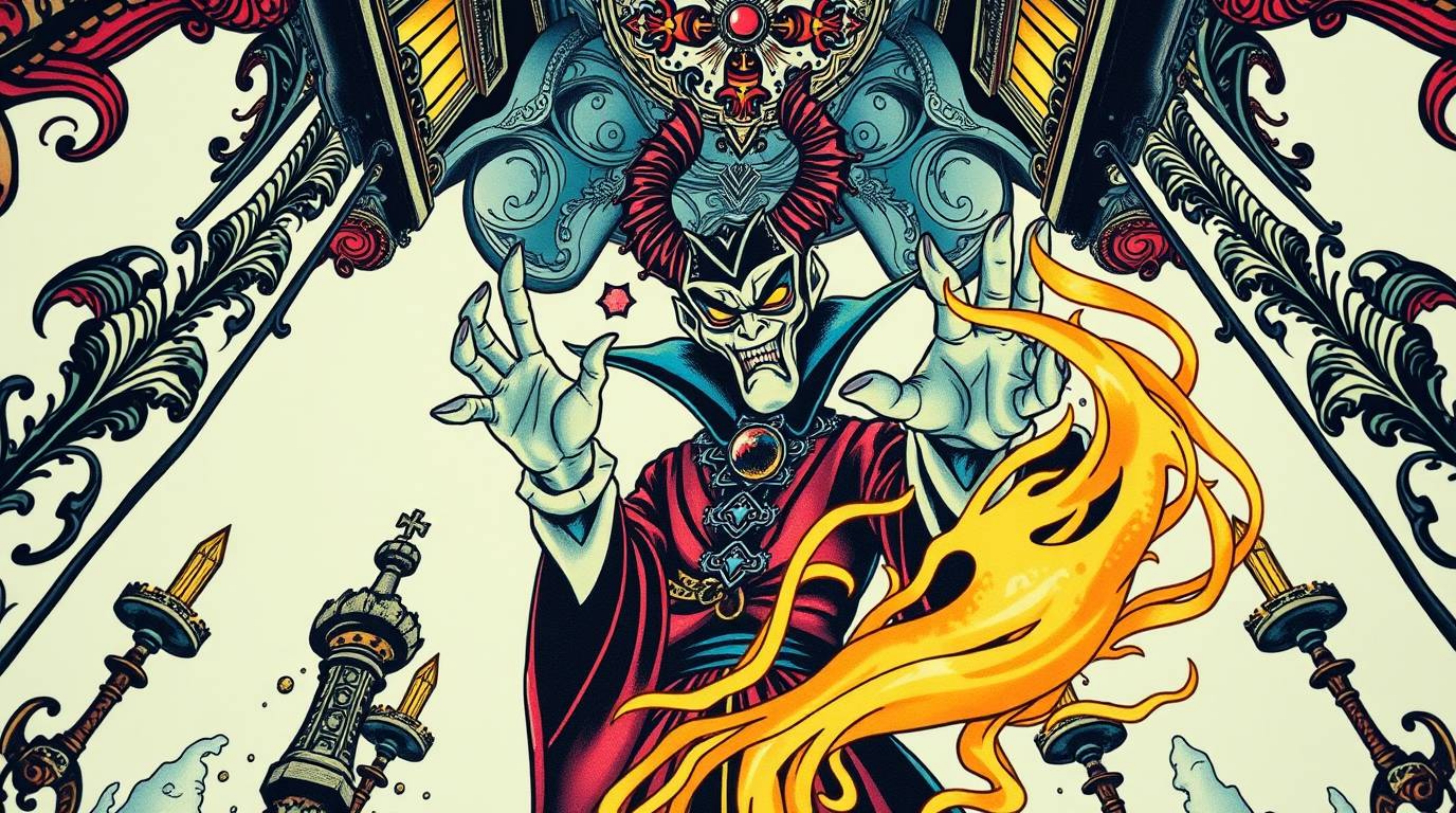 A captivating low-angle illustration showcases a classic Disney villain intricately rendered in traditional tattoo style, cas