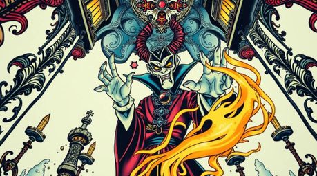 A captivating low-angle illustration showcases a classic Disney villain intricately rendered in traditional tattoo style, cas