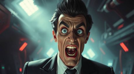 A comedic scene depicting a villain with surprisingly soft features experiencing a hilarious meltdown within a stylish, high-