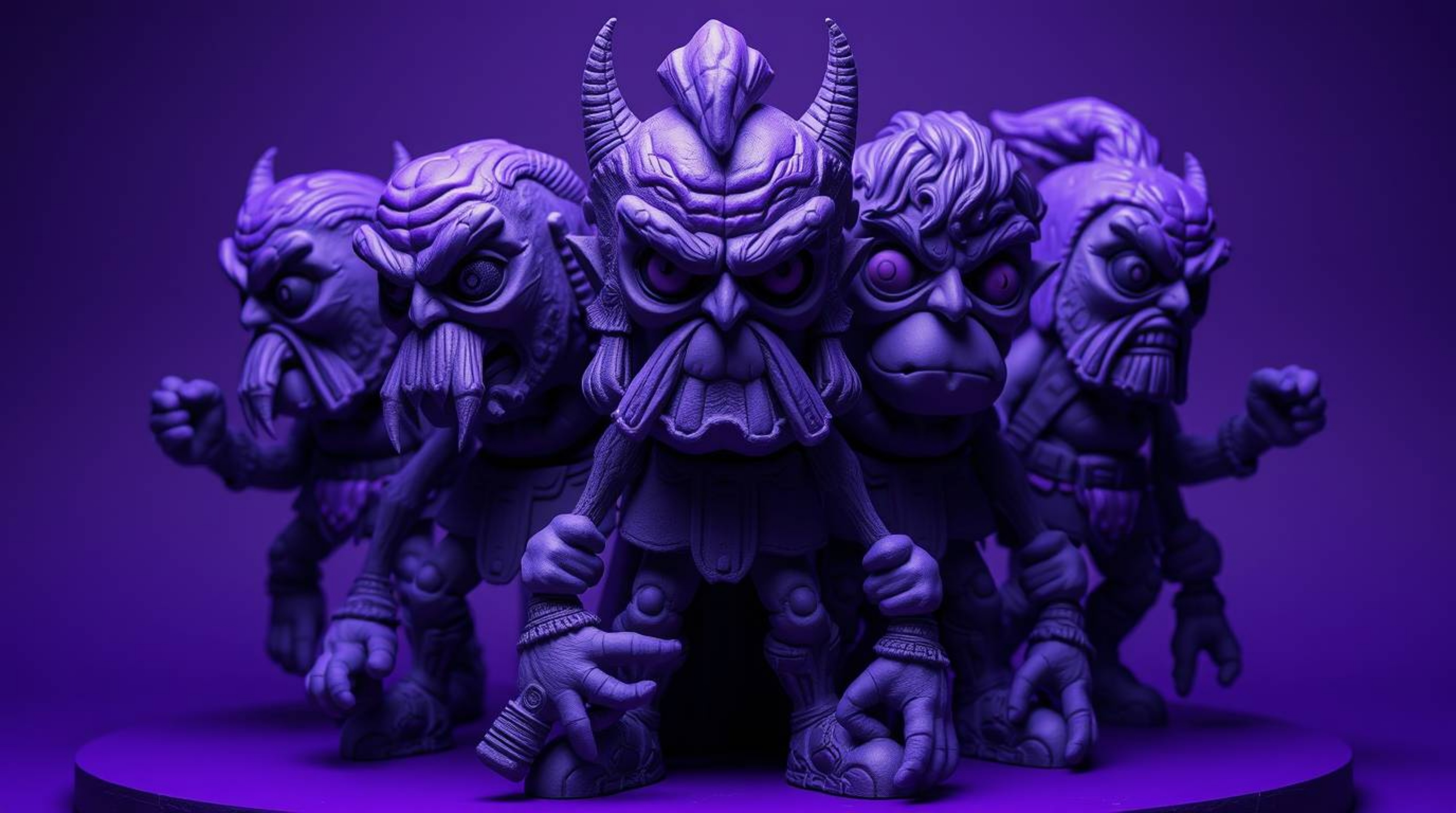 Discover a captivating clay sculpture depicting a team of misfit heroes. Rendered in deep ultraviolet hues with vivid purples