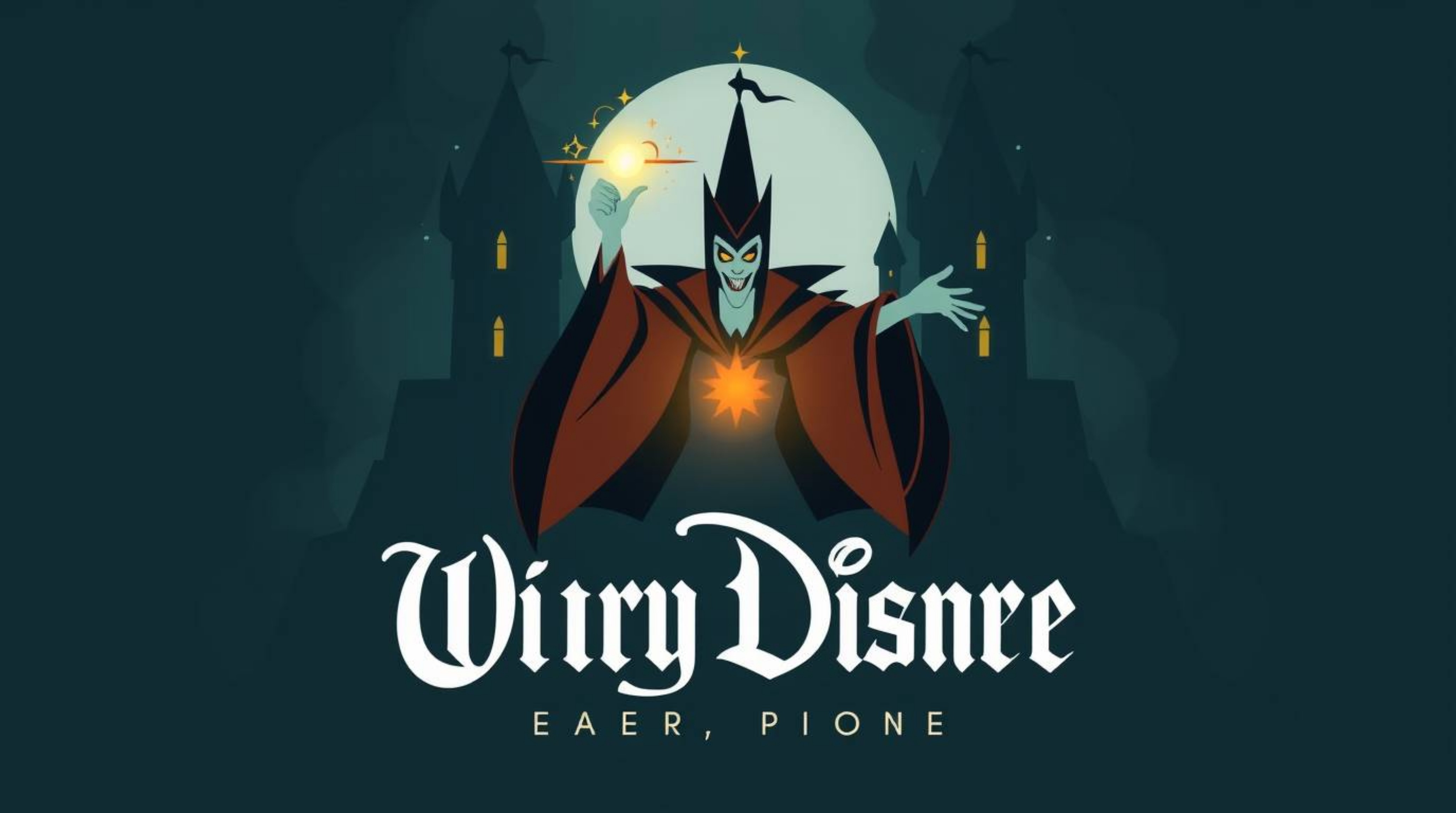 This mystical and enchanting logo concept portrays a classic Disney villain conjuring a spell within the walls of an ancient 