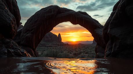 A captivating image depicts a charming, cute wet rainy sunset scene viewed through a natural rock arch in the desert. Drizzli