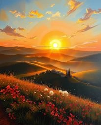This is a classic oil painting capturing a sunset over misty, rolling hills in Tuscany from a dynamic low-angle perspective. 