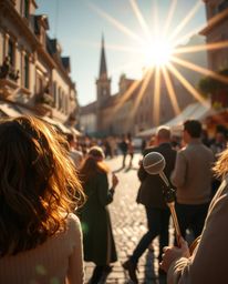 Experience a captivating close-up of a vibrant musical performance in a sun-drenched town square.  The warm, golden light cre