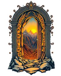 This stunning retro-style tattoo art print features an ancient doorway, etched with vibrant runes, embedded in a mountainside