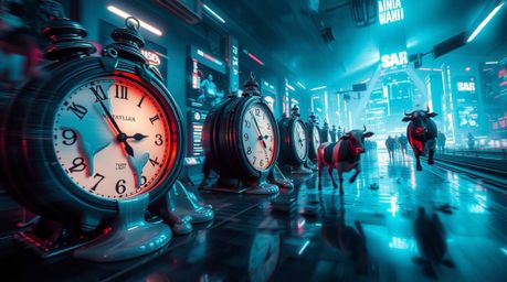 Explore a long-exposure photograph capturing a surreal dreamscape, a bizarre yet captivating scene where melting clocks coexi