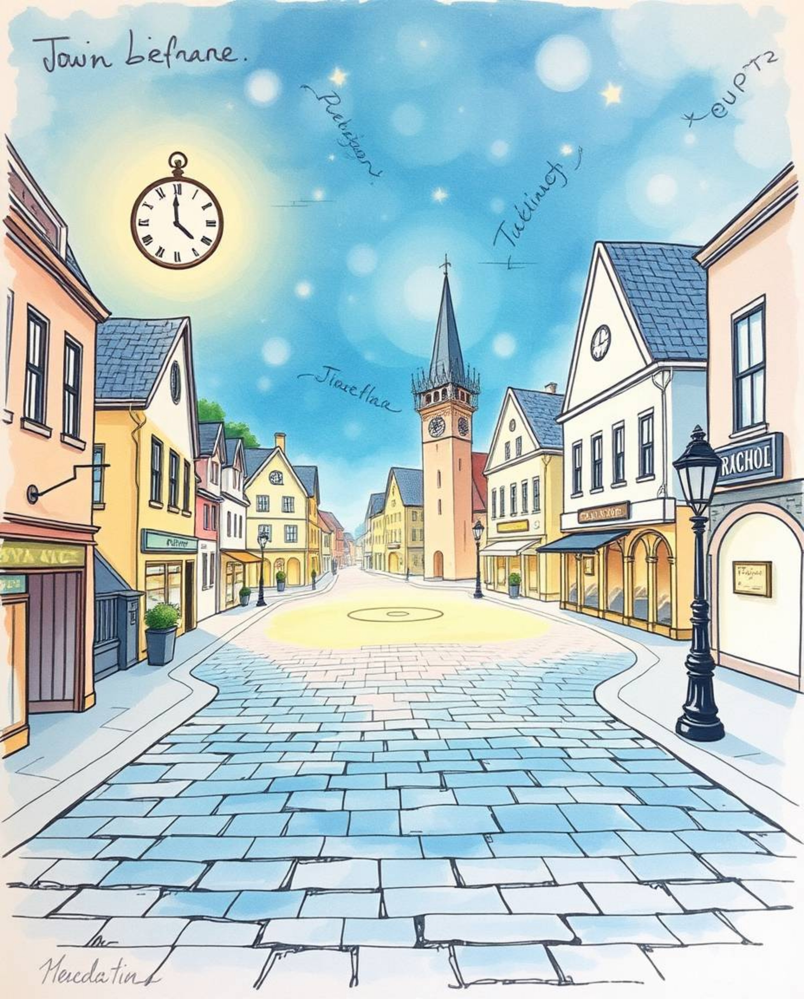 A hand-drawn color sketchnote depicts an ethereal and spiritual empty town square.  The scene evokes a mystical feeling, subt