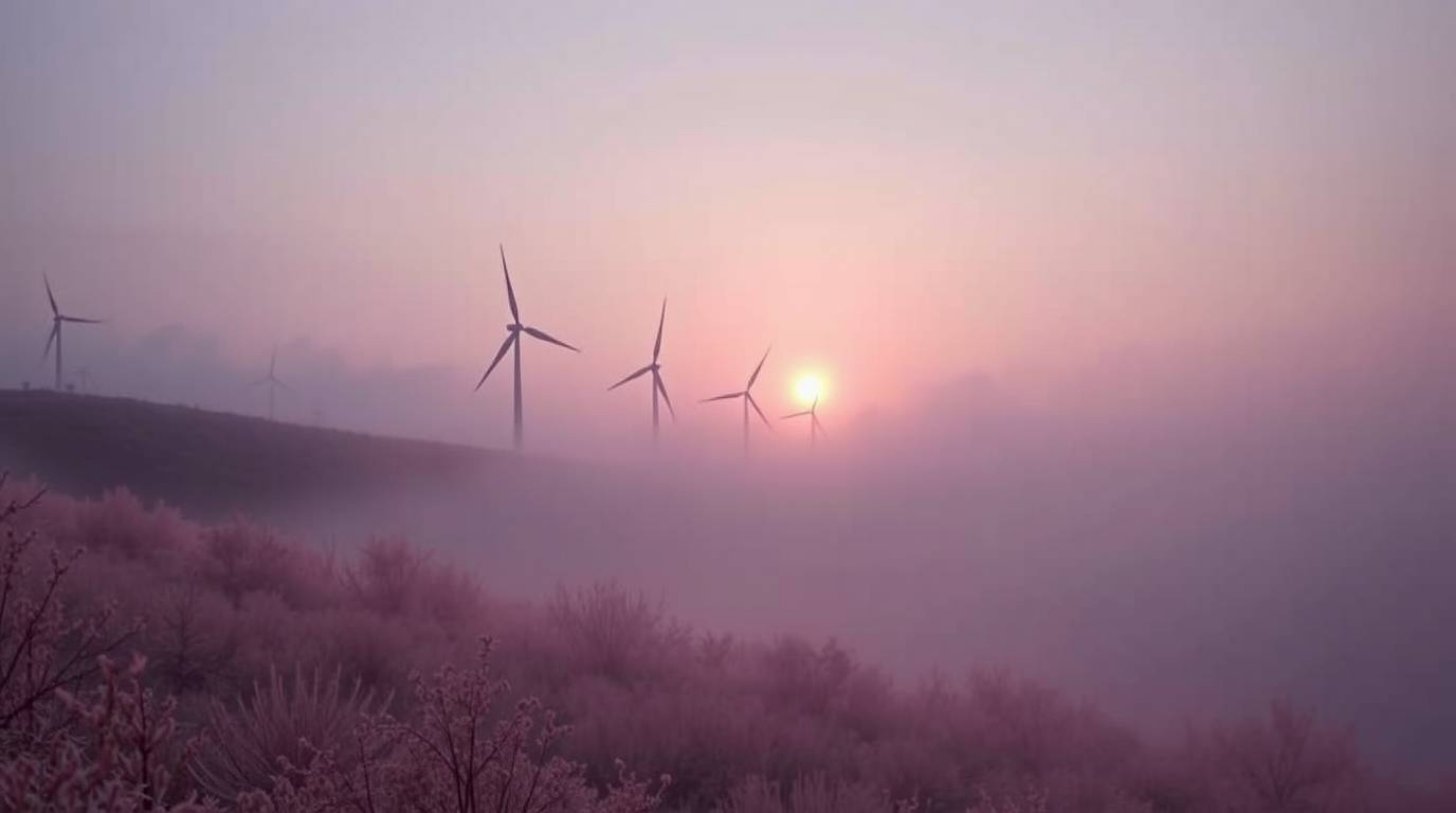 Explore a surreal infrared photograph capturing a mesmerizing sunset behind a row of wind turbines silhouetted on a hill. Env